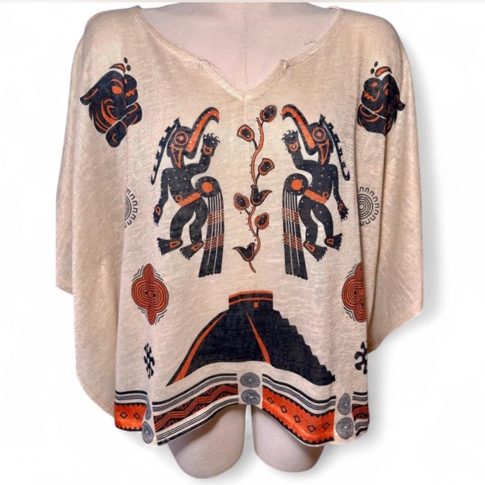 Bohemian Tribal Print Poncho Top | Cream | One Size - Picture 2 of 8
